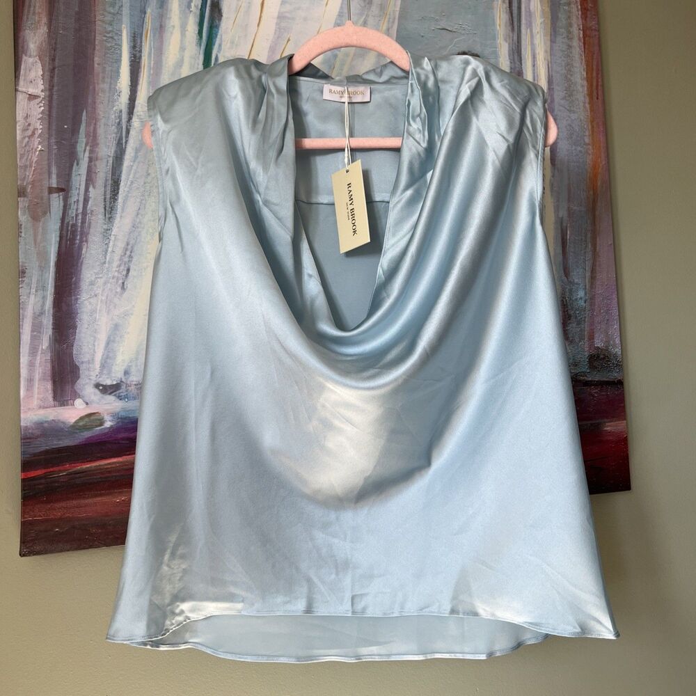 Ramy Brook S Gregory Blue Silk Stretch Charmeuse Slvless Top Blouse Shirt NWOT